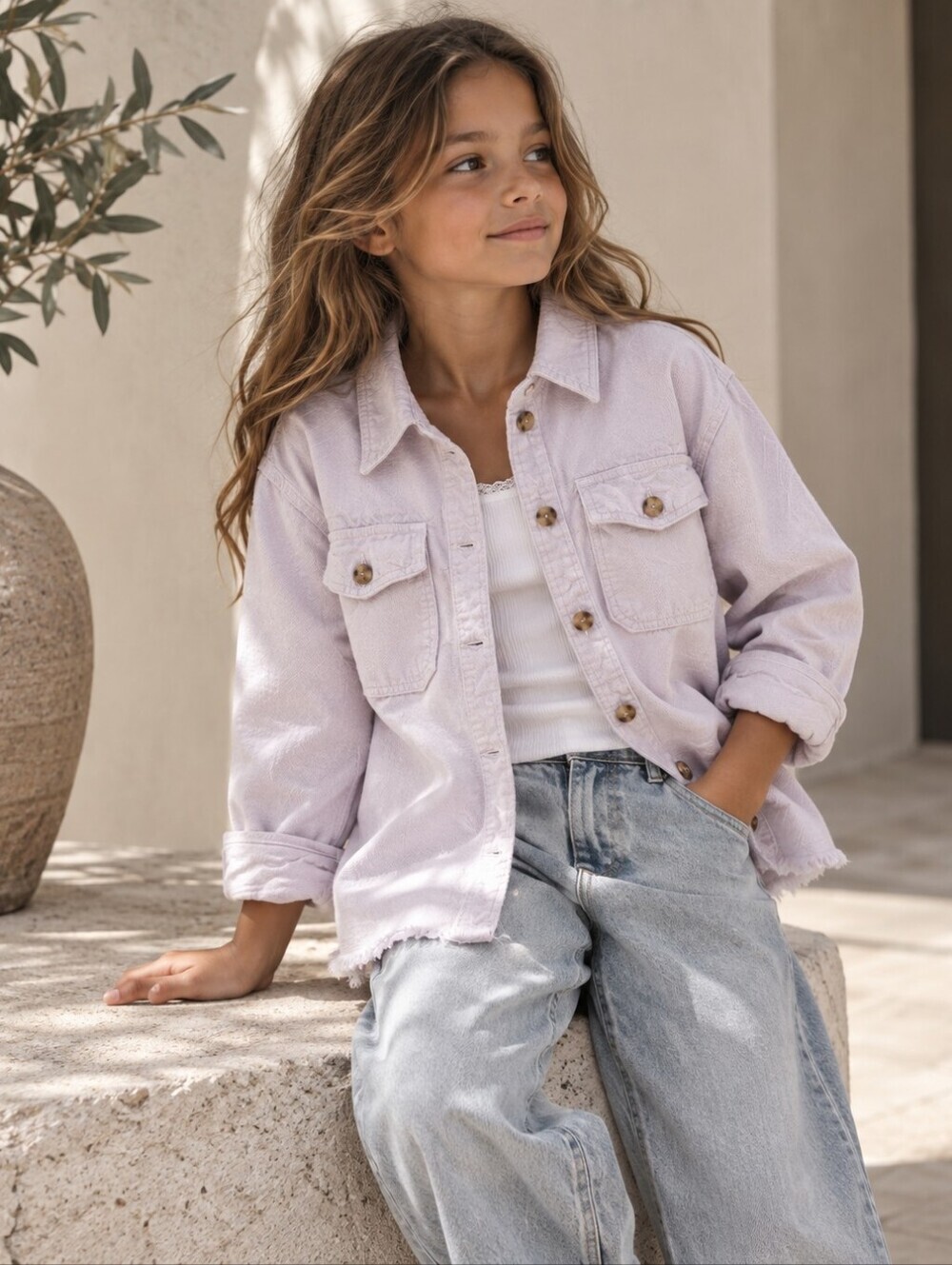Zara Girls Lavender Denim Overshirt Shacket Frayed Raw Hem Size 10